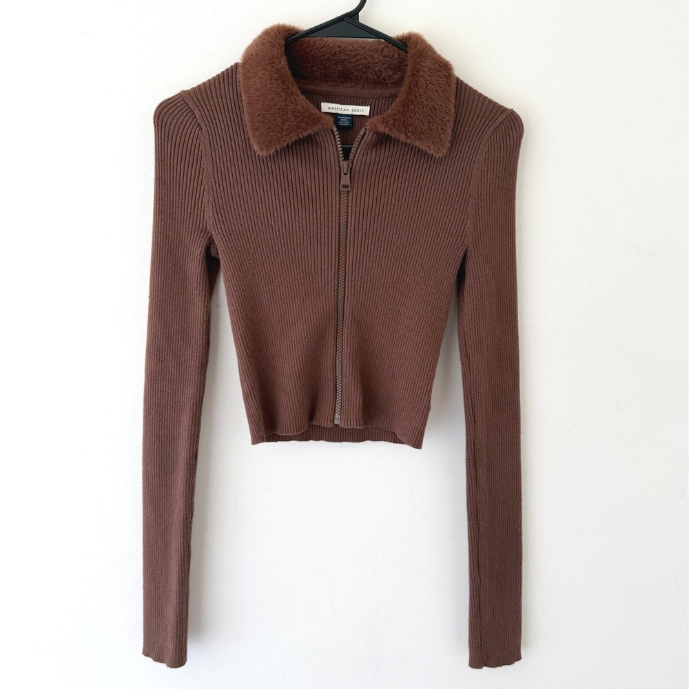 American Eagle Brown Faux Fur Collar Zip Up Cropped Ribbed Cardigan Y2K XS